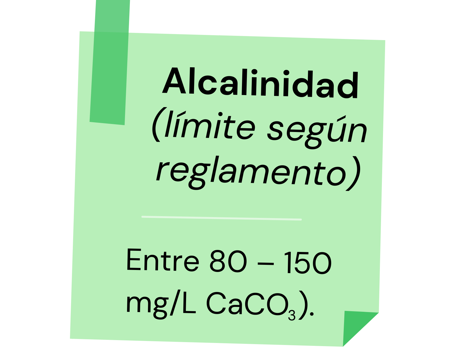Según el Reglamento de Manejo de Piscinas el rango de alcalinidad debe mantenerse entre 80 – 150 ppm (mg/L CaCO3).  