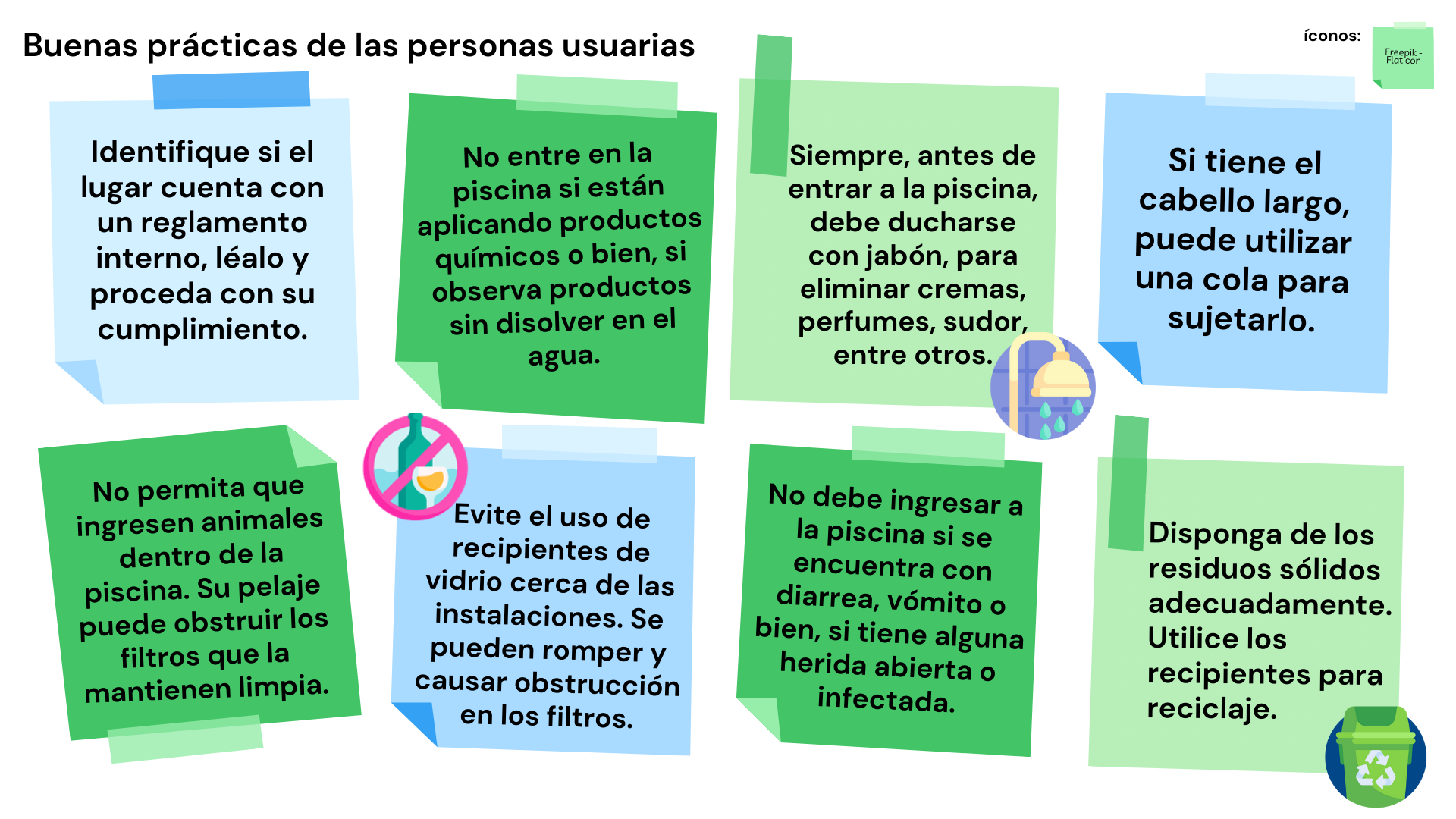 Identifique si el lugar cuenta con un reglamento interno, léalo y proceda con su cumplimiento. •	No entre en la piscina sí se encuentran aplicando productos químicos al agua o bien sí se pueden observar productos que no se hayan disuelto completamente en el agua. 