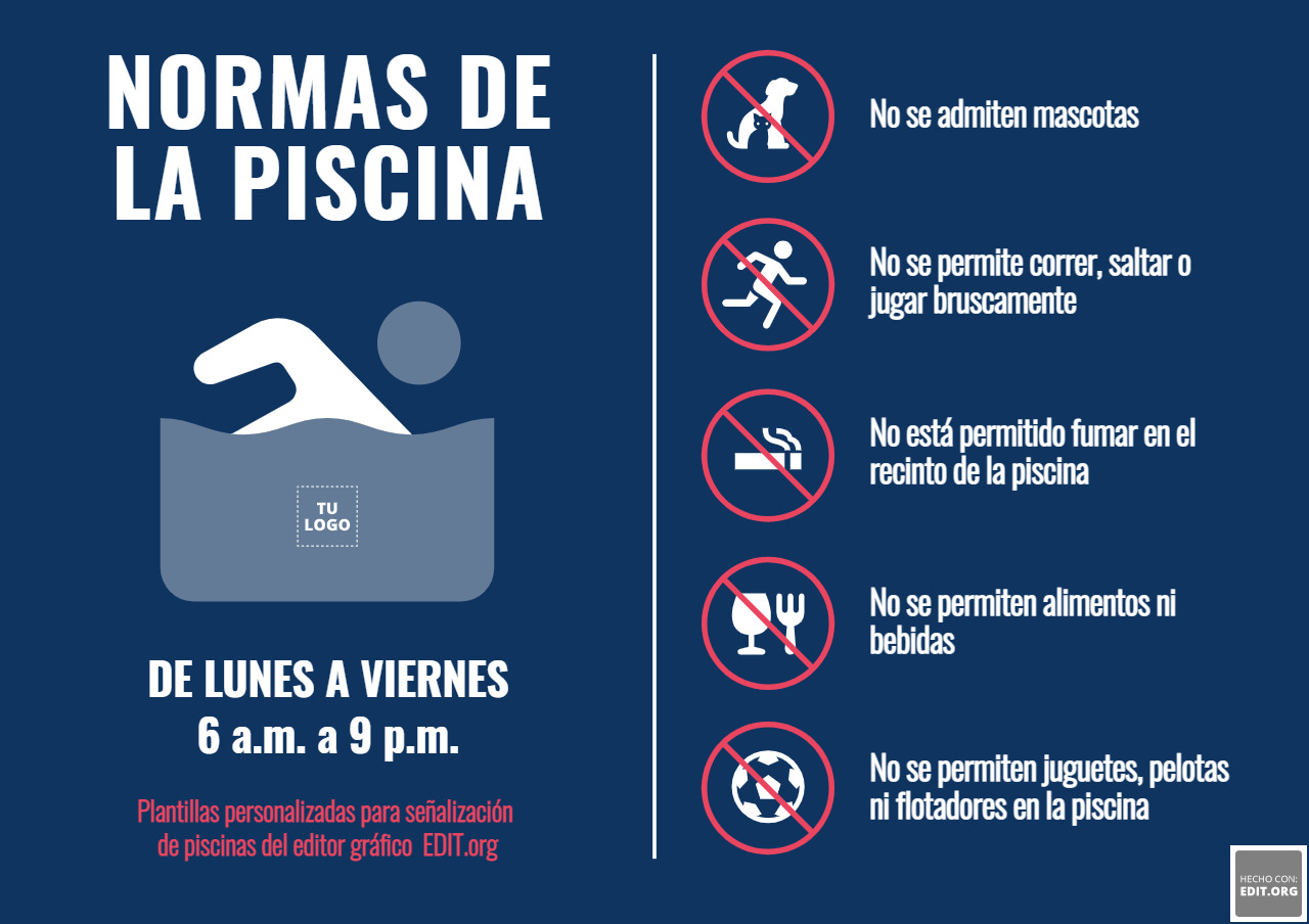 La imagen es un rótulo de normas internas de uso de la piscina que icnluye 4 pictogramas de lo que  no hacer en la piscina