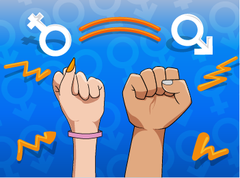 La imagen muestra dos manos de mujer empoderadas levantadas, reclamando el acceso al poder, recursos, servicios y las oportunidades, en igualdad de condiciones que los hombres. En fondo azul, a los costados se observa los símbolos de hombre y mujer. El poder debe estar distribuido de forma equitativa e igualitaria. 
