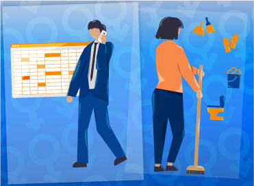 La imagen sesgada y cargada de estereotipos de género muestra a un ejecutivo trabajando en el ámbito público y a un costado a una mujer realizando labores del hogar, sin remuneración y menos valoradas. Visualiza las características y roles asignadas a hombres y mujeres al nacer, las cuales son construidas y aprendidas y que llegan a verse y percibirse de forma natural.