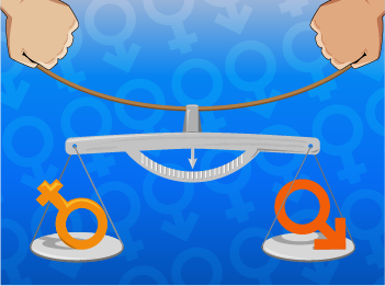 Se observa una balanza que sopesa en el punto de equilibrio a los símbolos de mujer y hombre, representando el fin principal del lenguaje inclusivo: la inclusión de las mujeres y otros colectivos sociales, en igualdad de condiciones que los hombres, como acto de justicia y respeto. Darles voz, nombrarlas, visibilizarlas a través del lenguaje oral, escrito y visual.