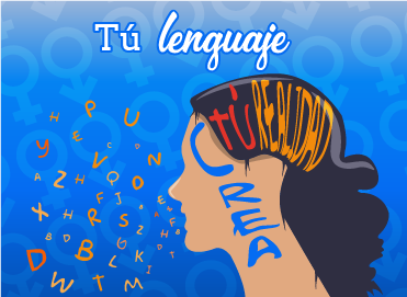 En medio de los símbolos de mujer y hombre aparece un círculo con el texto siguiente: “está viva siempre”, sobre el cual está la palabra “La Lengua y debajo la palabra “Evolución”. Significa que el lenguaje es un instrumento de transformación social generador de igualdad y equidad. 