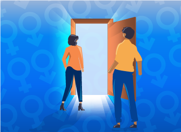 Una puerta abierta representa el cambio, una mujer y un hombre se disponen a cruzarla. Una luz la cruza dando voz a la mujer también. El español dispone de diferentes estrategias de comunicación inclusivas para eliminar de nuestro lenguaje palabras, expresiones o imágenes que invisibilicen o desvaloricen a otras personas. 