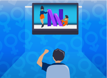 Hombre muy emocionado y feliz, sentado de espalda, frente a la pantalla de T.V. celebrando un programa donde el platillo principal son las mujeres sexis.