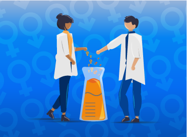 La imagen muestra a dos personas científicas, una mujer y un hombre, está visualmente equilibrada, desempeñándose en labores innovadores y profesiones que muestren prestigio en lo social en lo económico.
