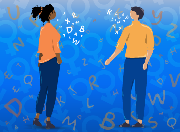 Se muestra la imagen de una mujer negra y un hombre blanco comunicándose respetuosamente
