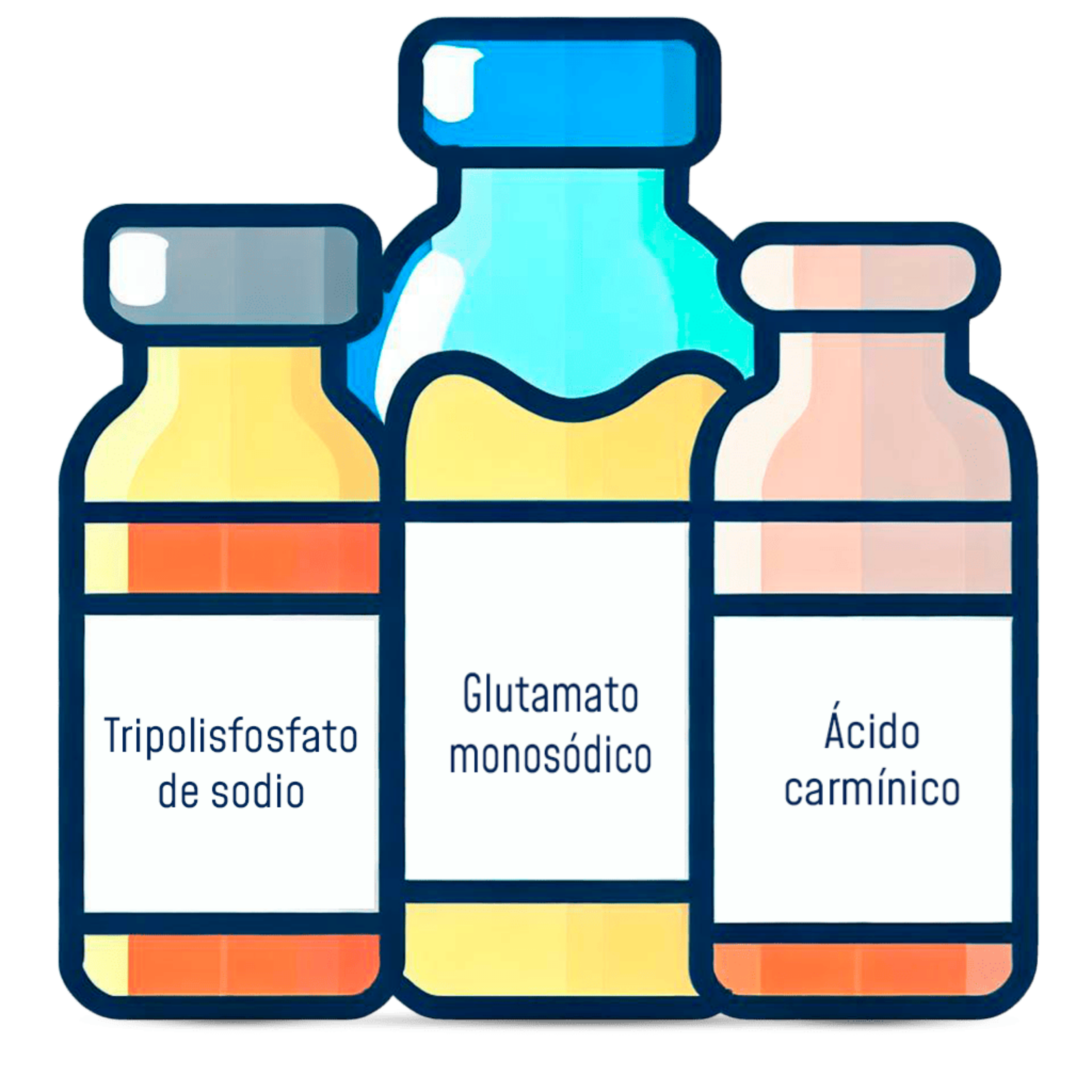 tres frascos con los nombres: Tripolisfosfato de sodio, Glutamato monosódico, Ácido carmínico  