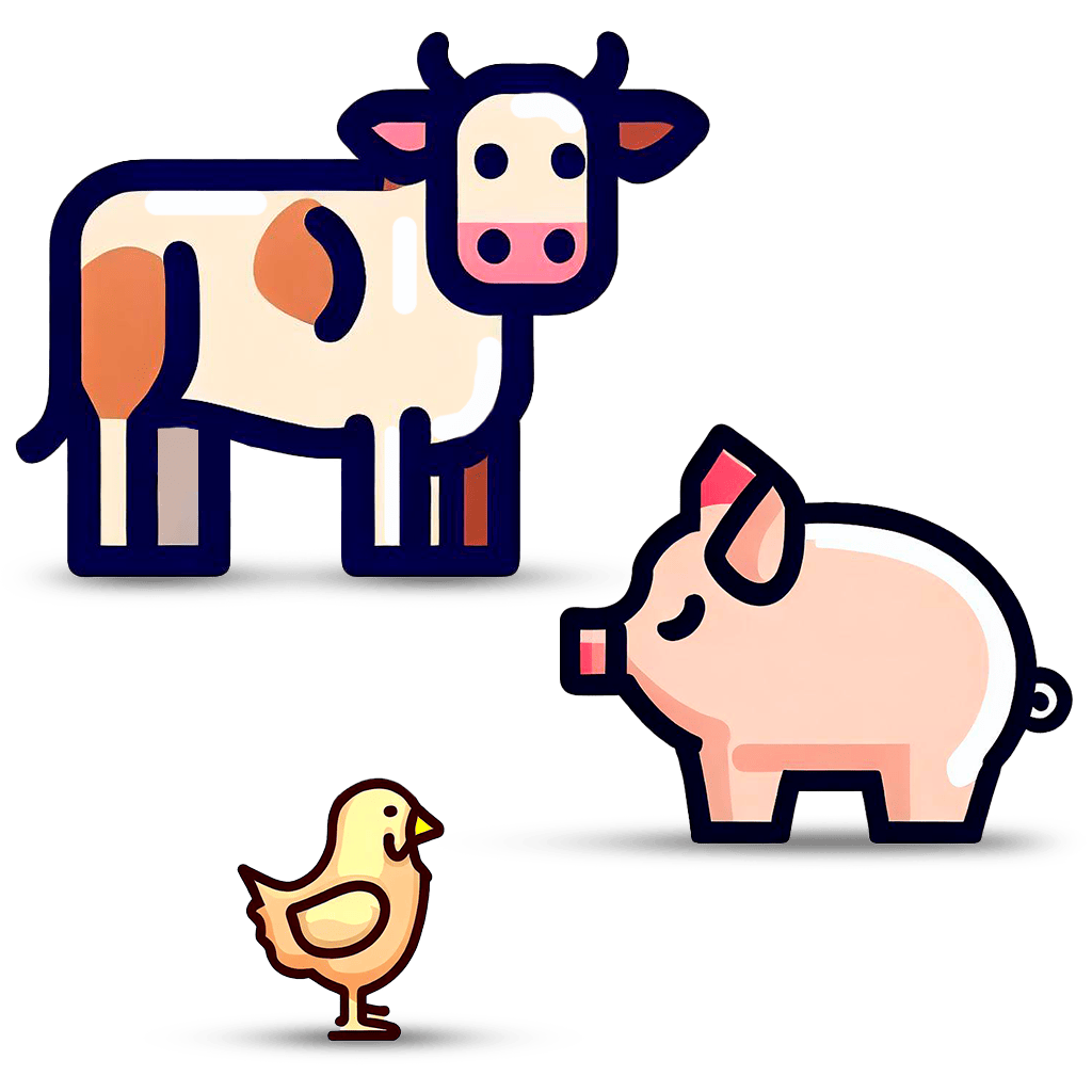 una vaca, un cerdo y un pollo.