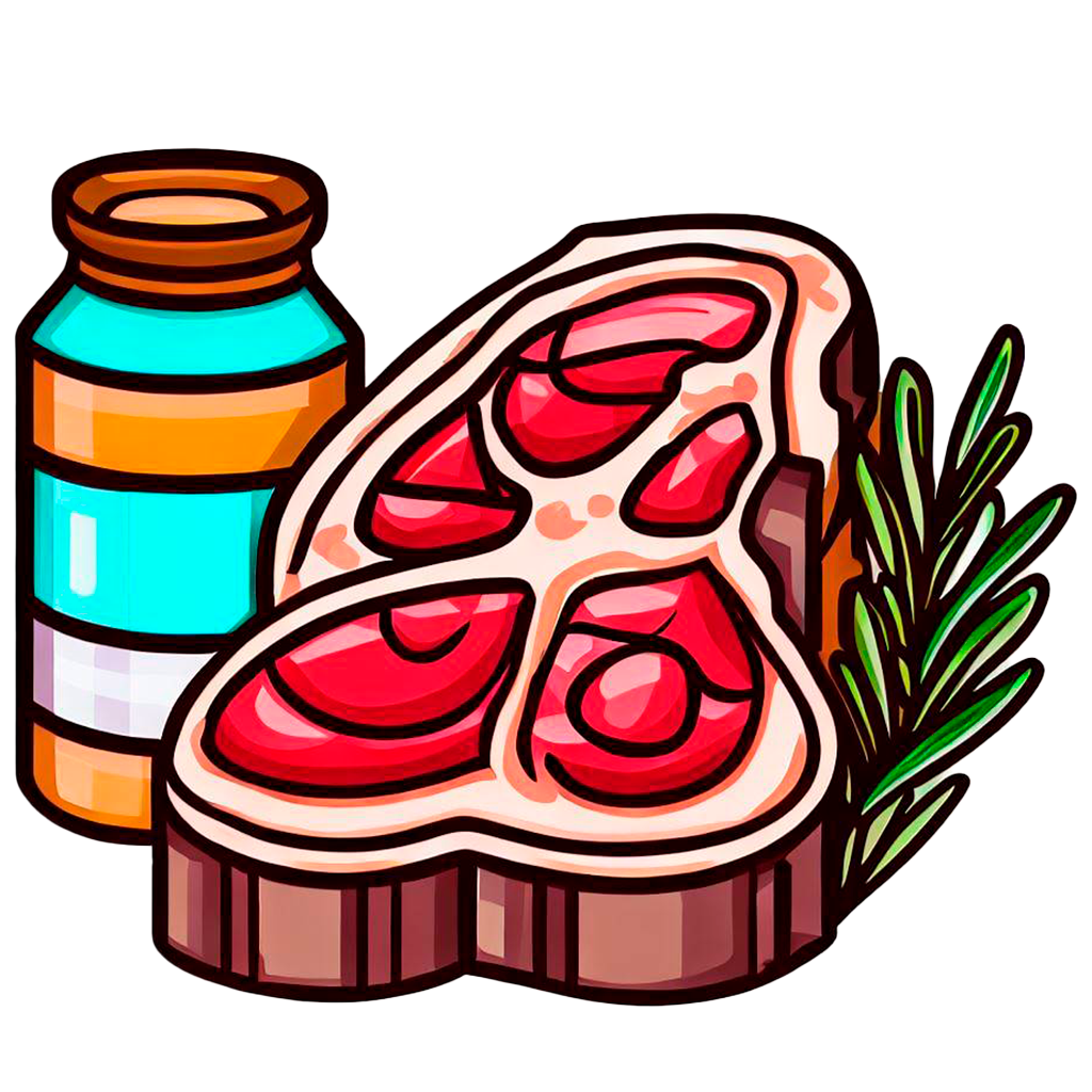 trozo de carne acompañado de envases de aditivos.