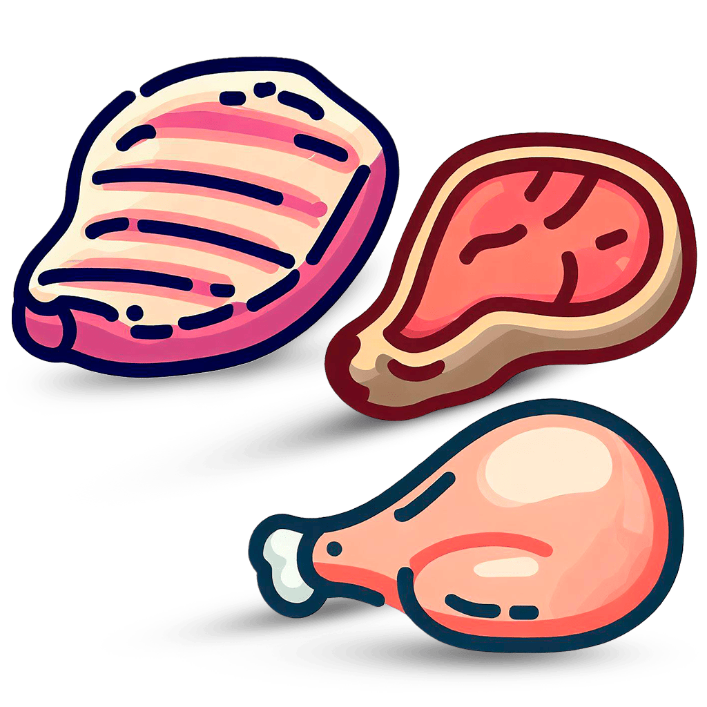 un muslo de pollo, un bistec y una chuleta de cerdo