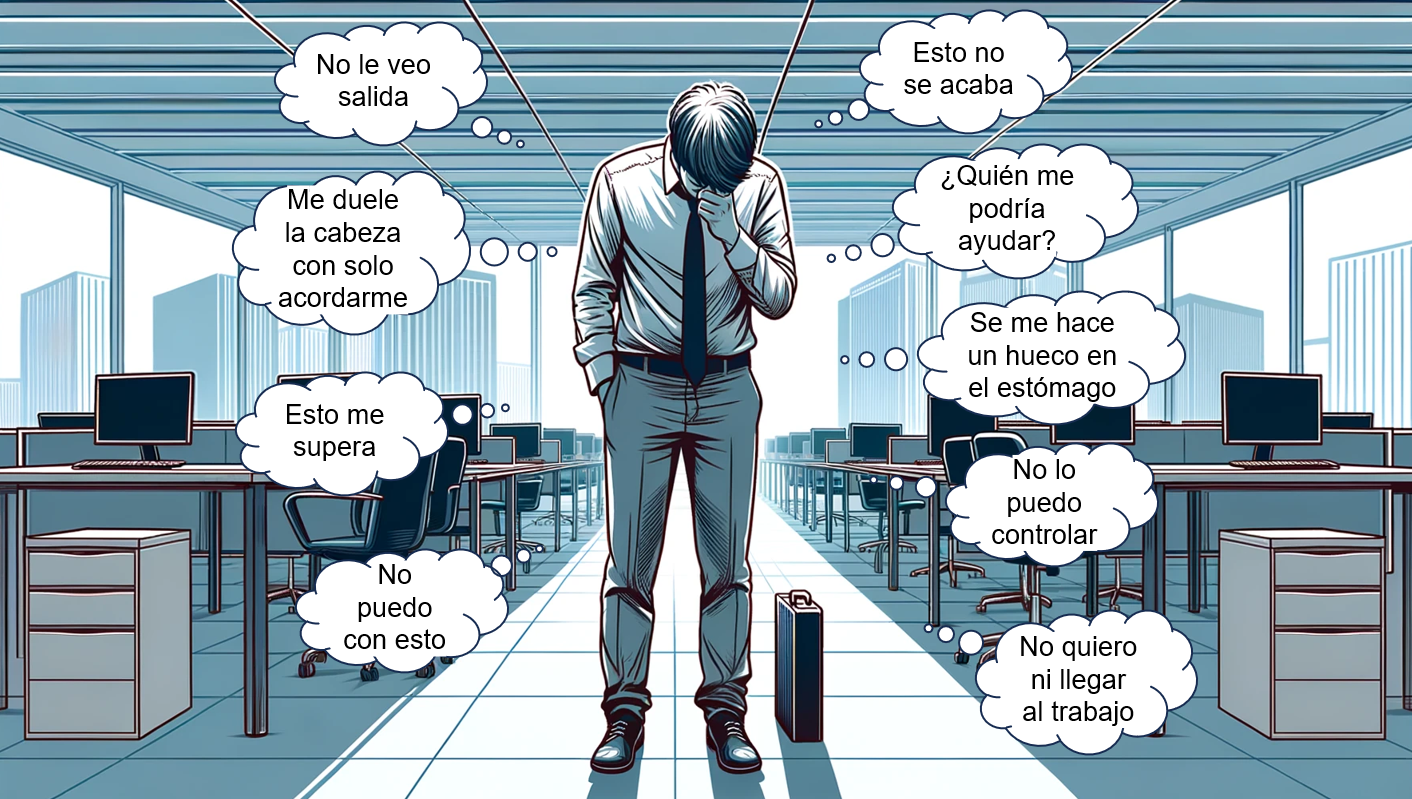 Hombre con globos de diálogo con las siguientes frases: “esto me supera”; “me duele la cabeza con solo acordarme”; “no puedo con esto”; “no le veo salida”: “esto no se acaba”; “quién me podría ayudar”; “se me hace un hueco en el estómago”; “no lo puedo controlar”; “no quiero ni llegar al trabajo”.