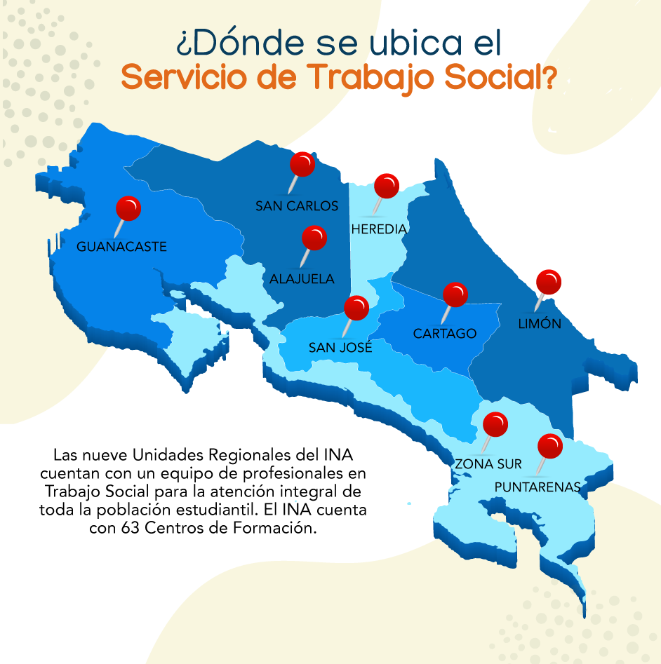 Muestra los lugares donde se ubican el servicio de trabajo social a través del territorio nacional