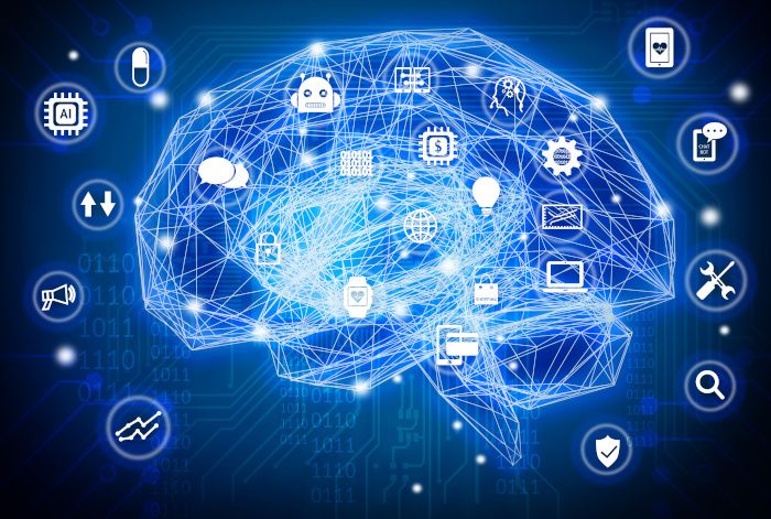dibujo de un cerebro creado con puntos conectados con líneas, y a su alrededor íconos que simbolizan inteligencia artificial como robots, microchipscabezar humanas y engranajes