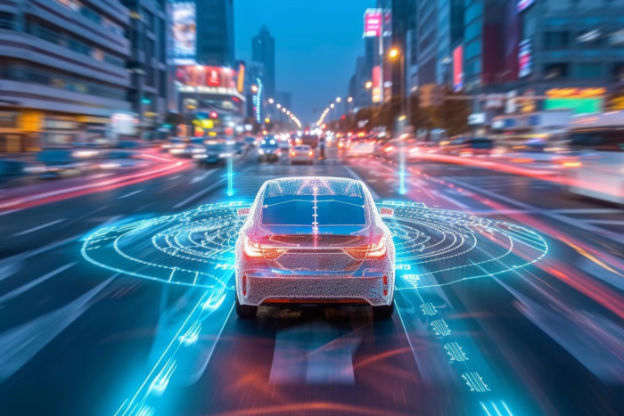 un carro está en carretera y al rededor de él aparecen luces en forma circular