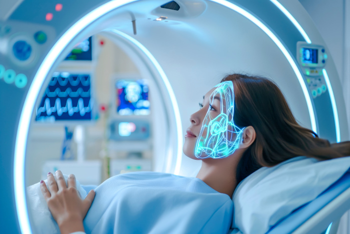 mujer está dentro de una máquina en la que se hace el exámen mécico TAC y sombras de luces lineales están sobre su rostro