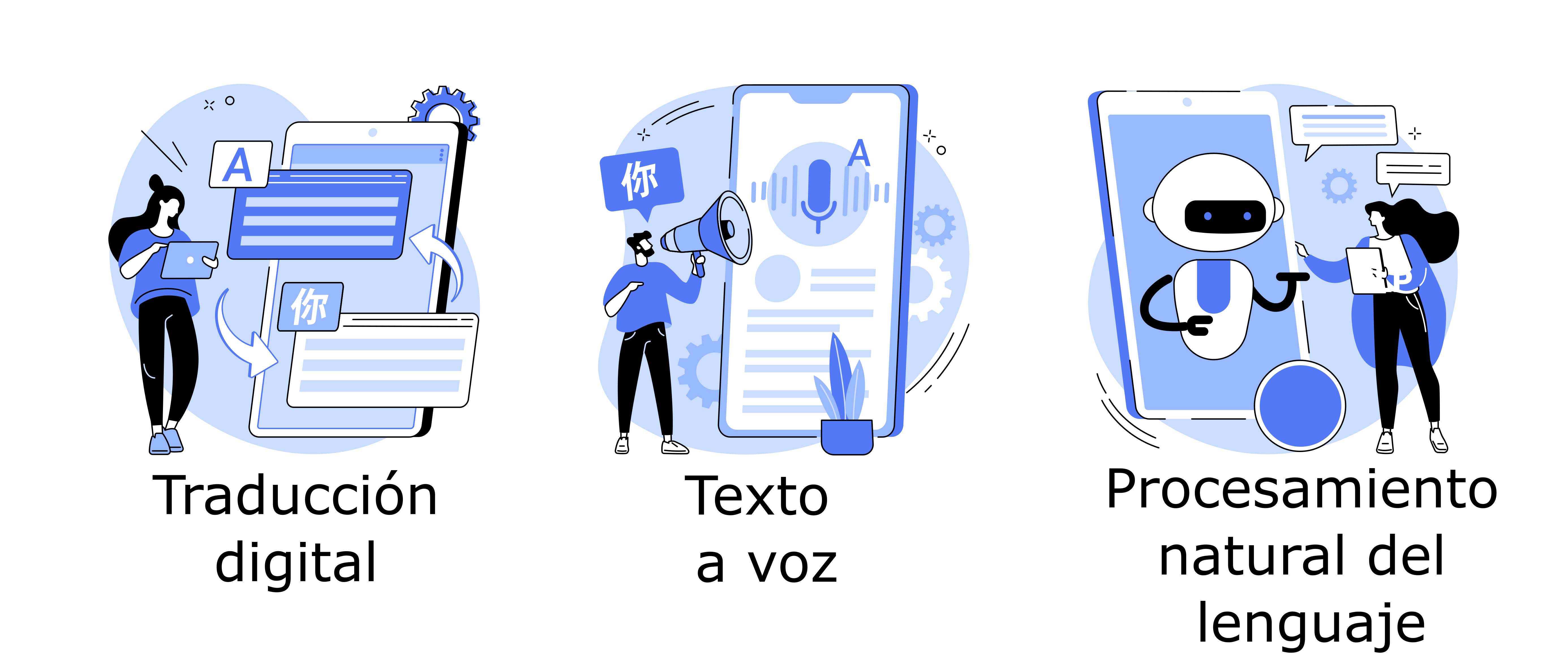 dibujos de personas usando tablets con las frases: traducción digital, texto a voz y procesaminto natural del lenguaje