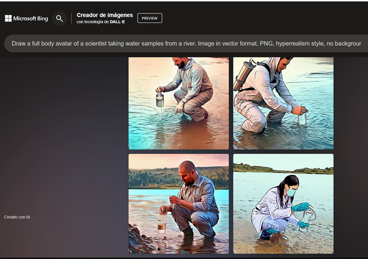 cuadro con cuatro imágenes de personas diferentes tomando una muestra de agua en un río