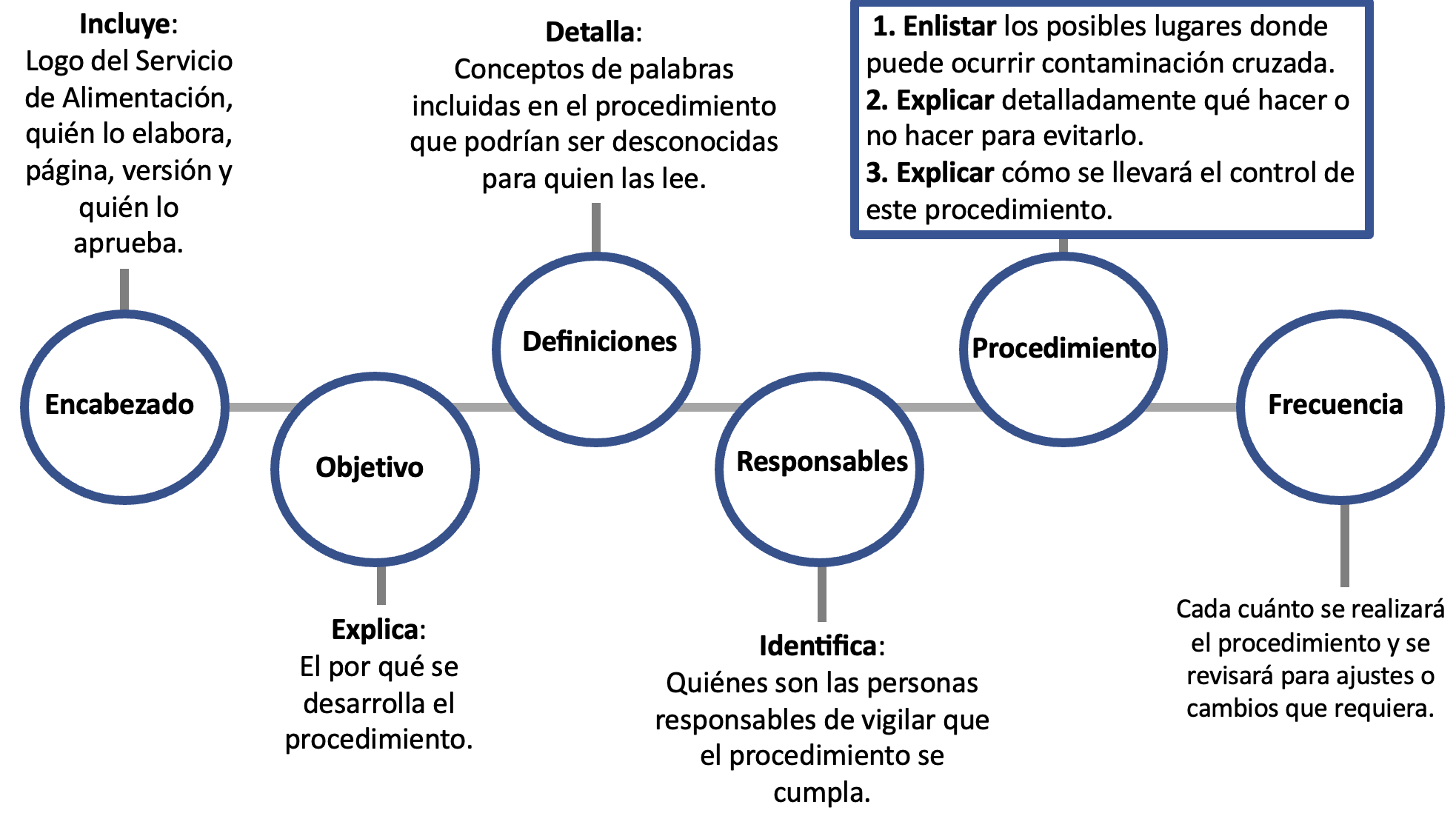 Encabezado: Incluye: Logo del Servicio de Alimentación, quien lo elabora, página, versión y quien lo aprueba. Objetivo: Explica: El por qué se desarrolla el procedimiento. Definiciones: Detalla: Conceptos de palabras incluidas en el procedimiento que podrían ser desconocidas para quien las lee. Responsables: Identifica: Quienes son las personas encargadas de vigilar que el procedimiento se cumpla. Procedimiento: 1. Enlistar los posibles lugares donde puede ocurrir contaminación cruzada. 2. Explicar detalladamente que hacer o no hacer para evitarlo. 3. Explicar como se llevará el control de este procedimiento. Frecuencia: Cada cuanto se realizará el procedimiento y se revisará para ajustes o cambios que requiera.