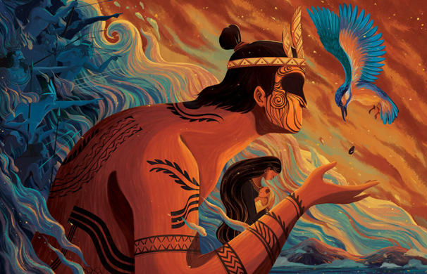 ilustración de personas indígenas con su espalda hacia la izquierda, ven a la derecha. A la izquierda hay olas de agua y de ellas salen otras personas guerreras de color celeste, y a la derecha se ve el cielo de color anaranjada con un ave de ambos colores. 