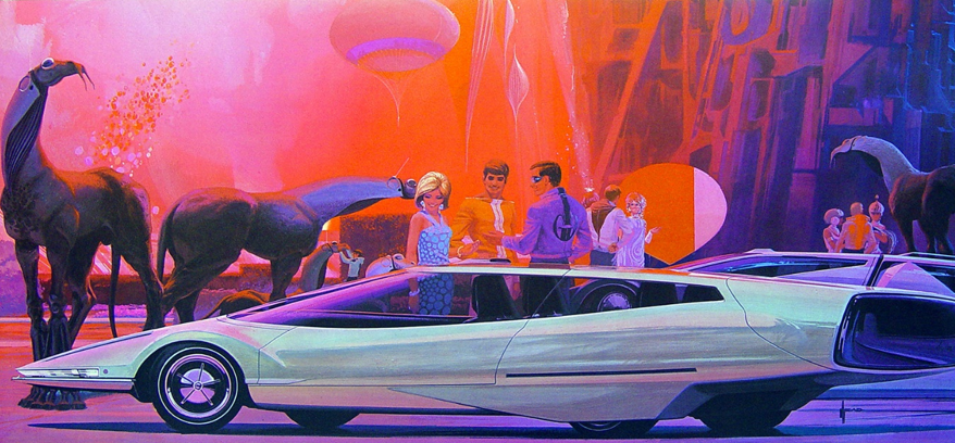 ilustración de un carro alargado, bajo, tres personas lo miran, y hay animales al lado que parecen caballos. La ilustración usa colores contrastantes, entre anaranjado y morado