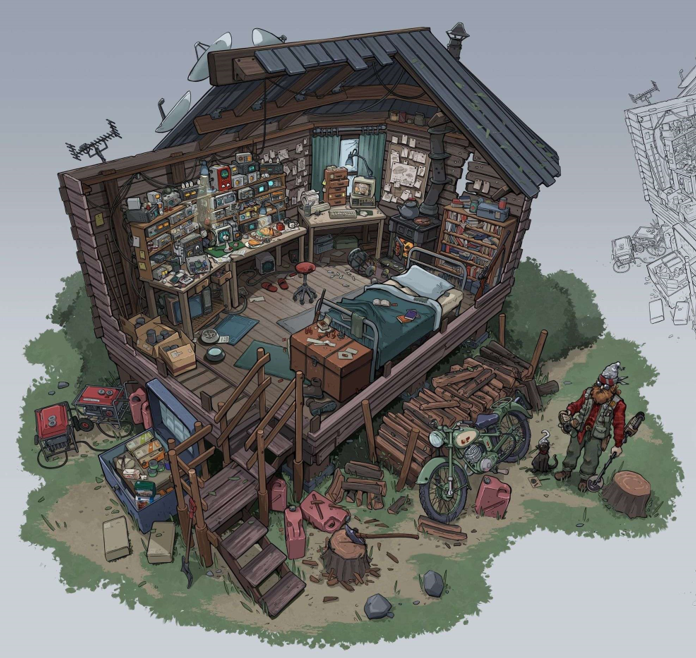 Ilustración de una casa de madera vista desde la parte superior, sin techo, desordenada.