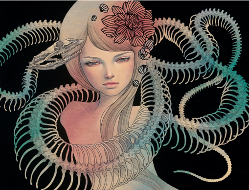 Ilustración de una mujer, rodeada de un esqueleto de una serpiente