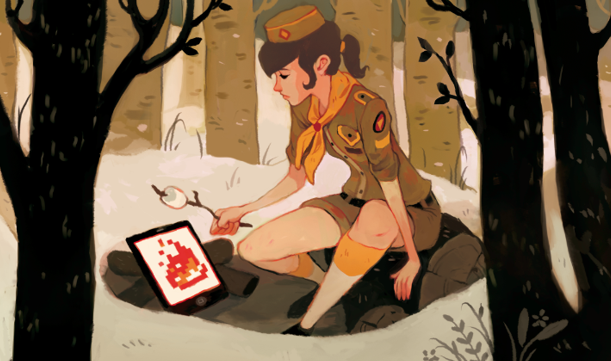 ilustración de una persona scout en el bosque, que trata de asar un malvavisco con una Tablet que tiene un dibujo de fuego.