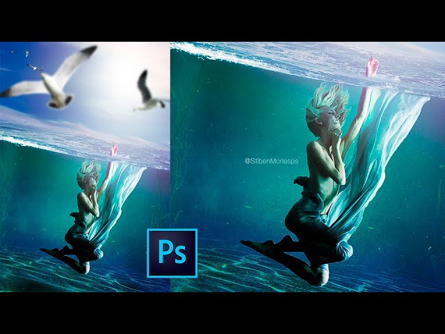A la izquierda una imagen de una mujer bajo el agua, y sobre el agua vuelan dos gaviotas. A la derecha, solo está la mujer bajo el agua. En el centro está el logo de Photoshop.
