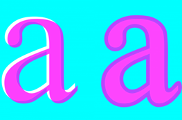 Dos letras ‘a’ de color lila. En una se nota que el color lila se corrió del fondo blanco; en la otra, la letra ‘a’ tiene la orilla en color morado fuerte.