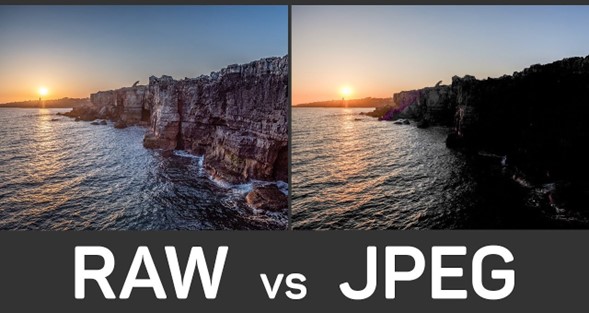 Comparación de una foto de un acantilado en dos formatos: una está en formato RAW y la otra está en JPG.