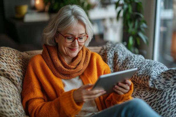 mujer mayor con lentes lee una tablet