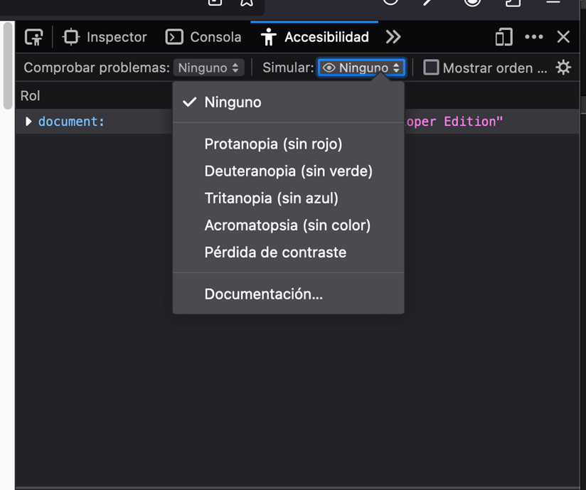 Captura de pantalla de la localización de las herramientas de accesibilidad.