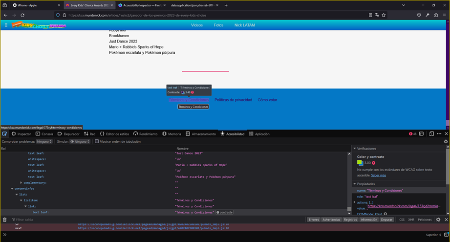 Captura de pantalla Nivel A. Muestra cómo la frase ‘Términos y Condiciones’ se mimetiza con el fondo, por tener un bajo contraste.