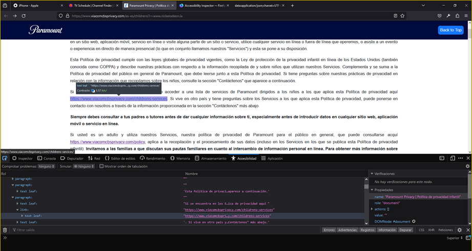 Captura de pantalla Nivel AA. Muestra cómo el enlace “https://www.viacomcbsprivacy.com/children-services” se hace notar con el fondo, tiene un mediano contraste debido a que el fondo blanco y las letras azules no son altamente contrastantes.