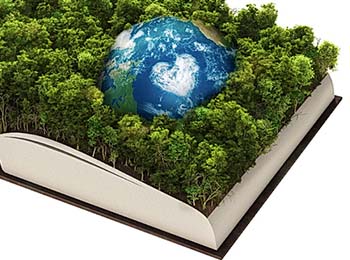 representada por la base de un libro abierto, encima en 3D bien un bosque muy frondoso y el planeta tierra ubicada dentro del bosque.
