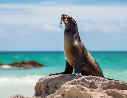 León marino sobre una roca en un risco, es color café, hocico largo y recto, aletas anchas que terminan en finas uñas.