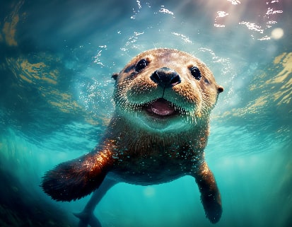 Nutria en el agua, animal de color café, pequeño, tienen orejas pequeñas y nariz negra y con cola y patas para andar en el agua y en la superficie.