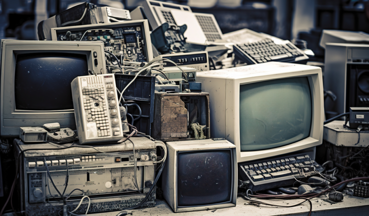 grupo de computadoras viejas dentro de una bodega
