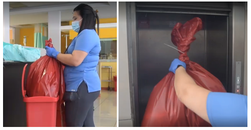 mujer recogiendo residuos con mascarilla en el rostro