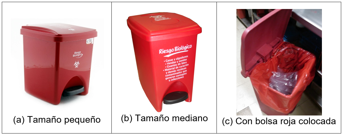 imagen de recipiente pequeño, mediano y con bolsa roja colocada