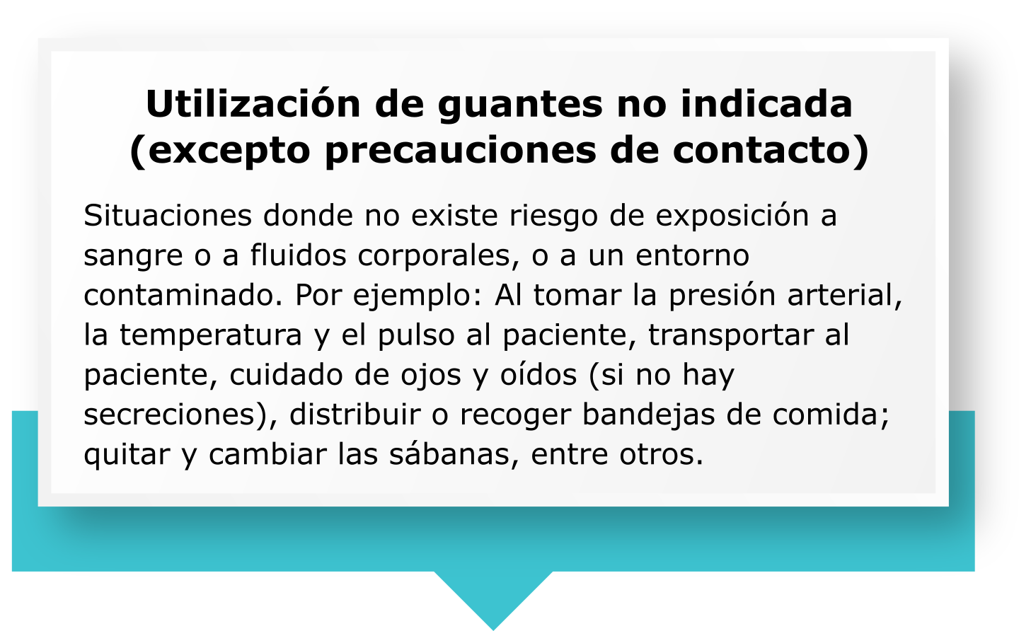 UTILIZACION DE GUANTES NO INDICADA (excepto precauciones de CONTACTO). Situaciones donde no existe riesgo de exposición a sangre o a fluidos corporales, o a un entorno contaminado. Por ejemplo: Al tomar la presión arterial, la temperatura y el pulso al paciente, transportar al paciente, cuidado de ojos y oídos (si no hay secreciones), distribuir o recoger bandejas de comida; quitar y cambiar las sábanas, entre otros.