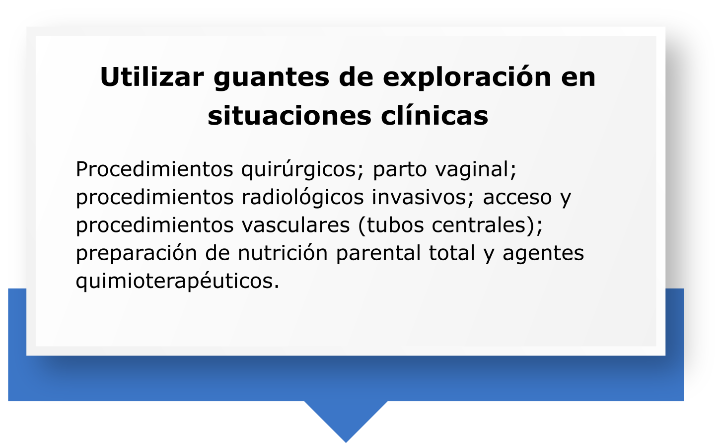 UTILIZAR GUANTES ESTÉRILES. Procedimientos quirúrgicos; parto vaginal; procedimientos radiológicos invasivos; acceso y procedimientos vasculares (tubos centrales); preparación de nutrición parental total y agentes quimioterapéuticos.
