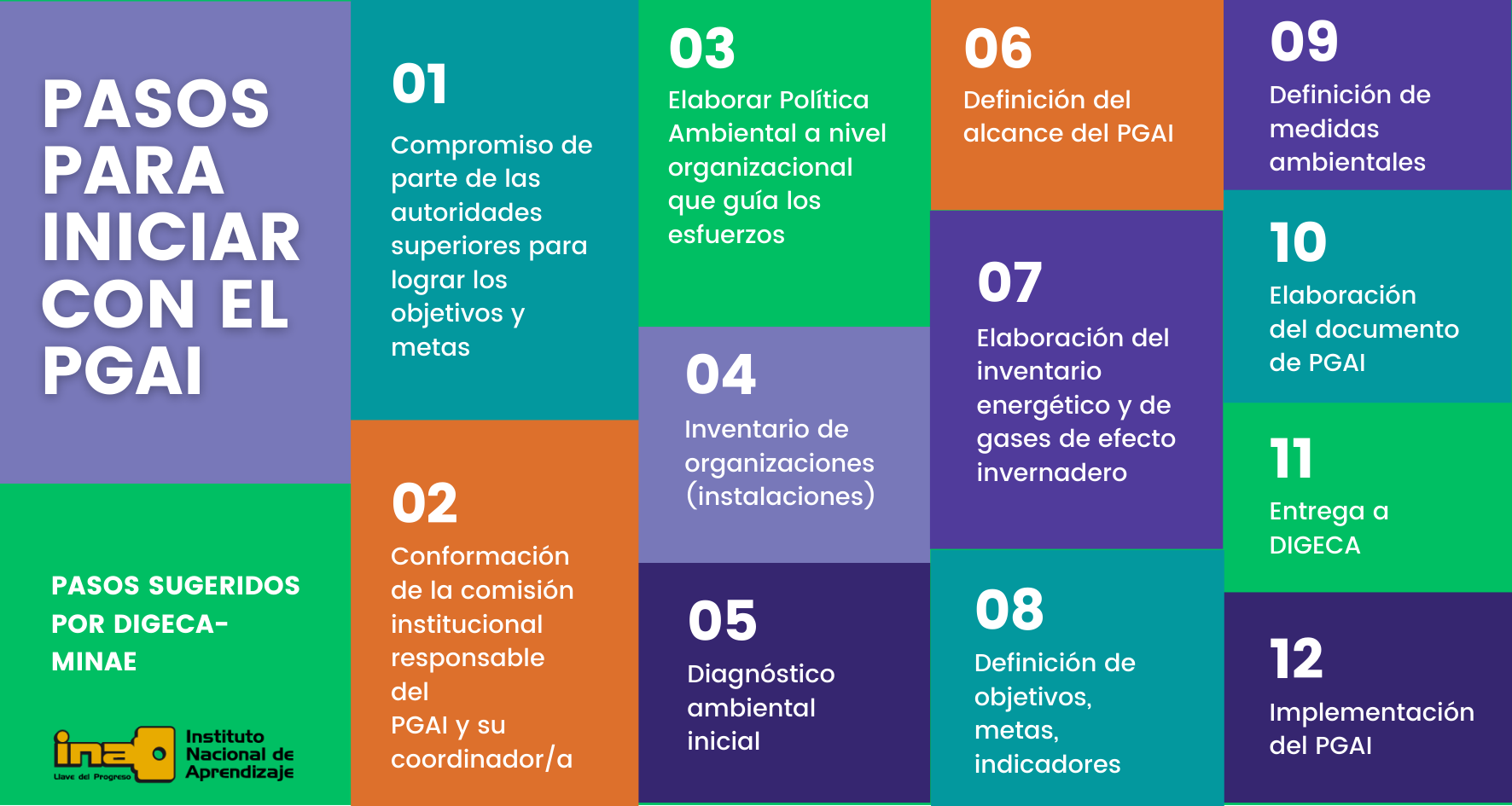 pasos para implementar un PGAI: 1. Compromiso del Jerarca, 2. Conformación de la Comisión Institucional responsable del PGAI y definición del coordinador, 3. Elaboración de Política Ambiental Institucional, 4. Inventario de organizaciones (instalaciones), 5. Elaboración del diagnóstico ambiental inicial, 6. Definición del alcance del PGAI, 7. Elaboración del diagnóstico energético e inventario de gases de efecto invernadero, 8. Definición de objetivos, metas e indicadores ambientales, 9. Definir medidas ambientales, 10. Elaborar el documento de PGAI, 11. Entrega de documento PGAI ante MINAE, 12. Implementación del PGAI