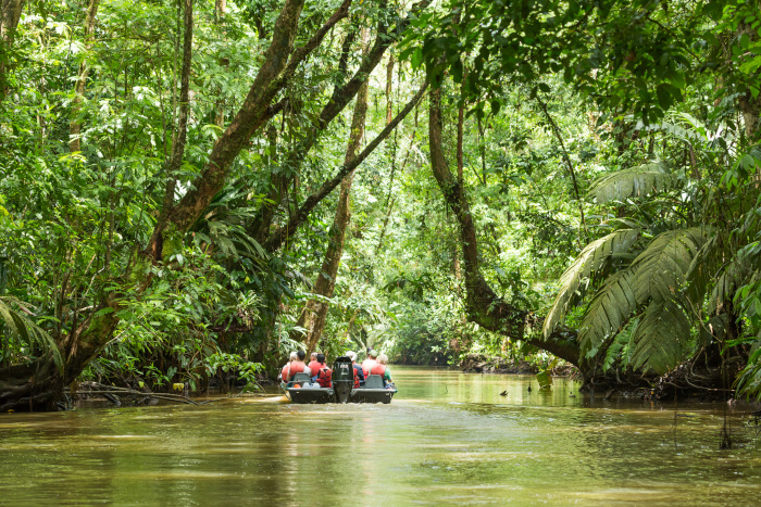 personas navegan en un bote en Río Tortuguero