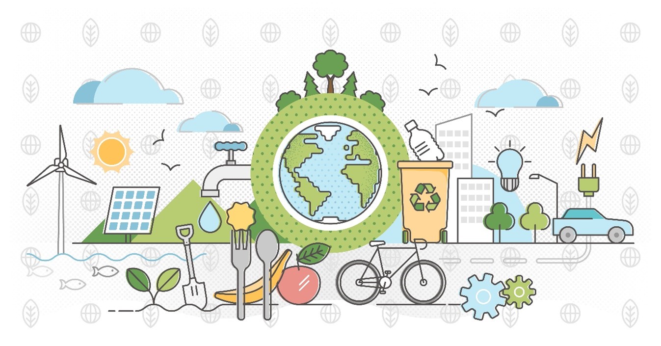 dibujo del planeta Tierra con un varios elementos alrededor: envases de reciclaje, paneles solares, edificios, un grifo de agua, una bicicleta, un carro eléctrico, árboles y frutas.
