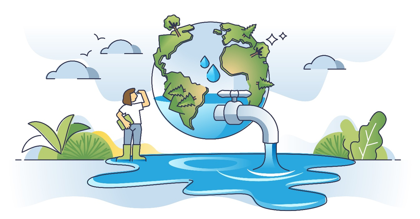 dibujo de planeta Tierra con un grifo y agua saliendo de él, y una mujer ve hacia el planeta.