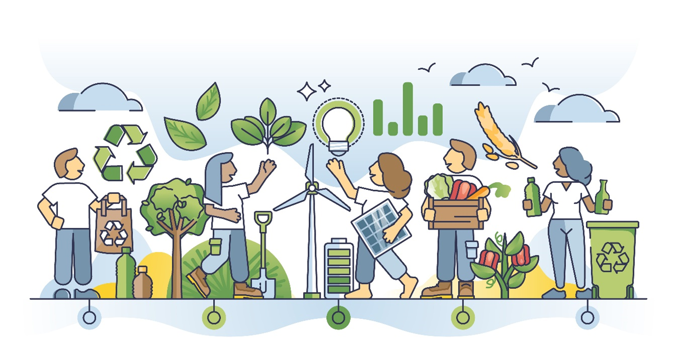 mujeres y hombres cargan bolsas de reciclaje, cajas de madera con frutas, baterías y bombillos, y al lado tienen árboles y plantas.