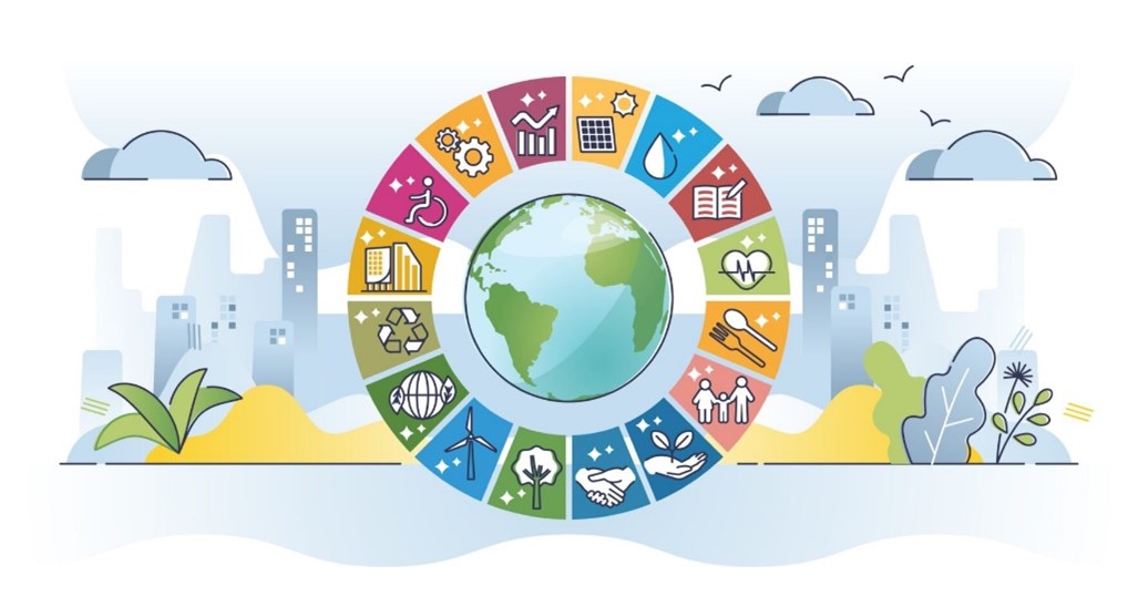 dibujo del planeta Tierra con íconos de estadística, agua, alimentos, plantas, personas que se dan la mano, eólicas, signo de reciclaje, silla de ruedas, libros y edificios.
