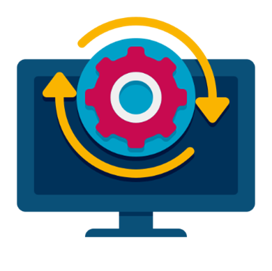 ícono de monitor de computadora con un engranaje y flechas de procesos cíclicos.